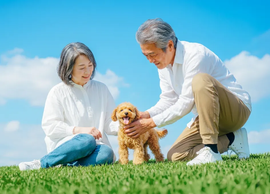 庭で遊ぶ夫婦と犬