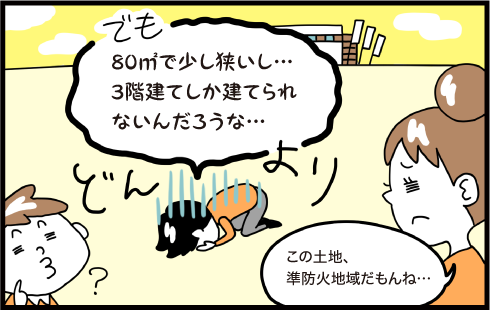 でも80㎡で狭いし3階建てしか建てられないんだろうな　この土地、準防火地域だもんね