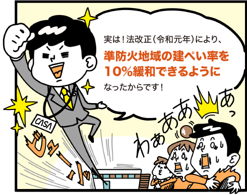 実は法改正(令和元年)により、準防火地域の建ぺい率を10%緩和できるようになったからです！