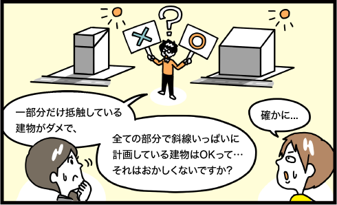 一部分だけ抵触している建物がダメで、全ての部分で斜線いっぱいに計画している建物はOKってそれはおかしくないですか？