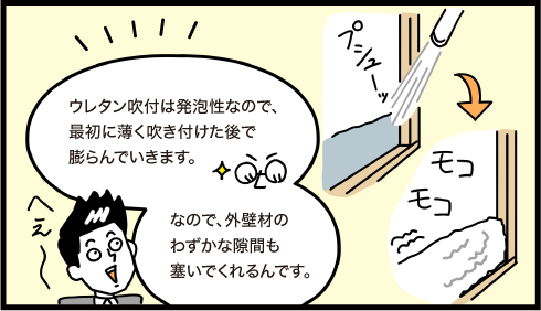 ウレタン吹付断熱は発泡性なので最初に薄く吹き付けた後で膨んでいきます。なので外壁材のわずかな隙間も塞いでくれるんです。