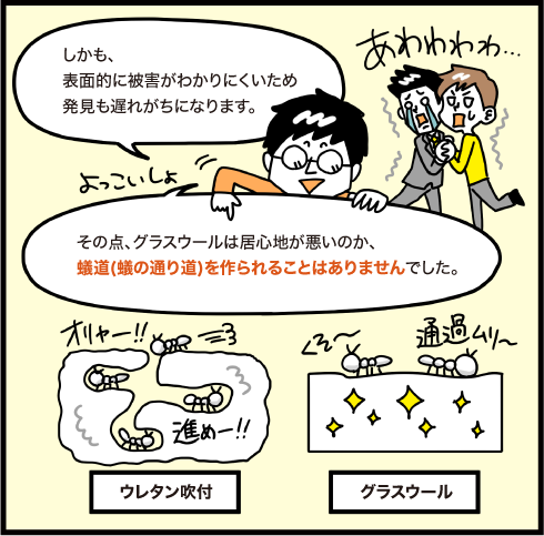 しかも、表面的に被害がわかりにくいため発見も遅れがちになります。その点グラスウールは居心地が悪いのか、蟻道を作られることがありませんでした