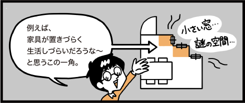 例えば、家具が置きづらく生活しづらいだろうな〜と思うこの一角。